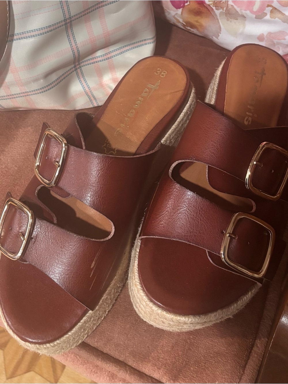 Tamaris Brown Double-Buckle Espadrille Slide Mules